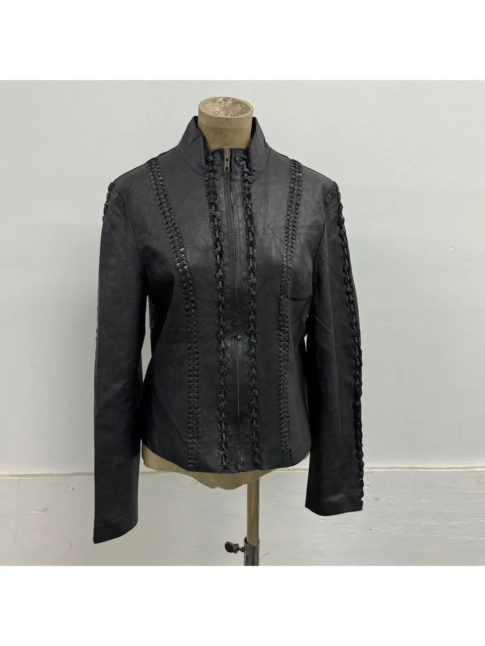 Vintage Black Braided Detail Y2K Avant Garde Leather Jacket - Picture 1 of 8